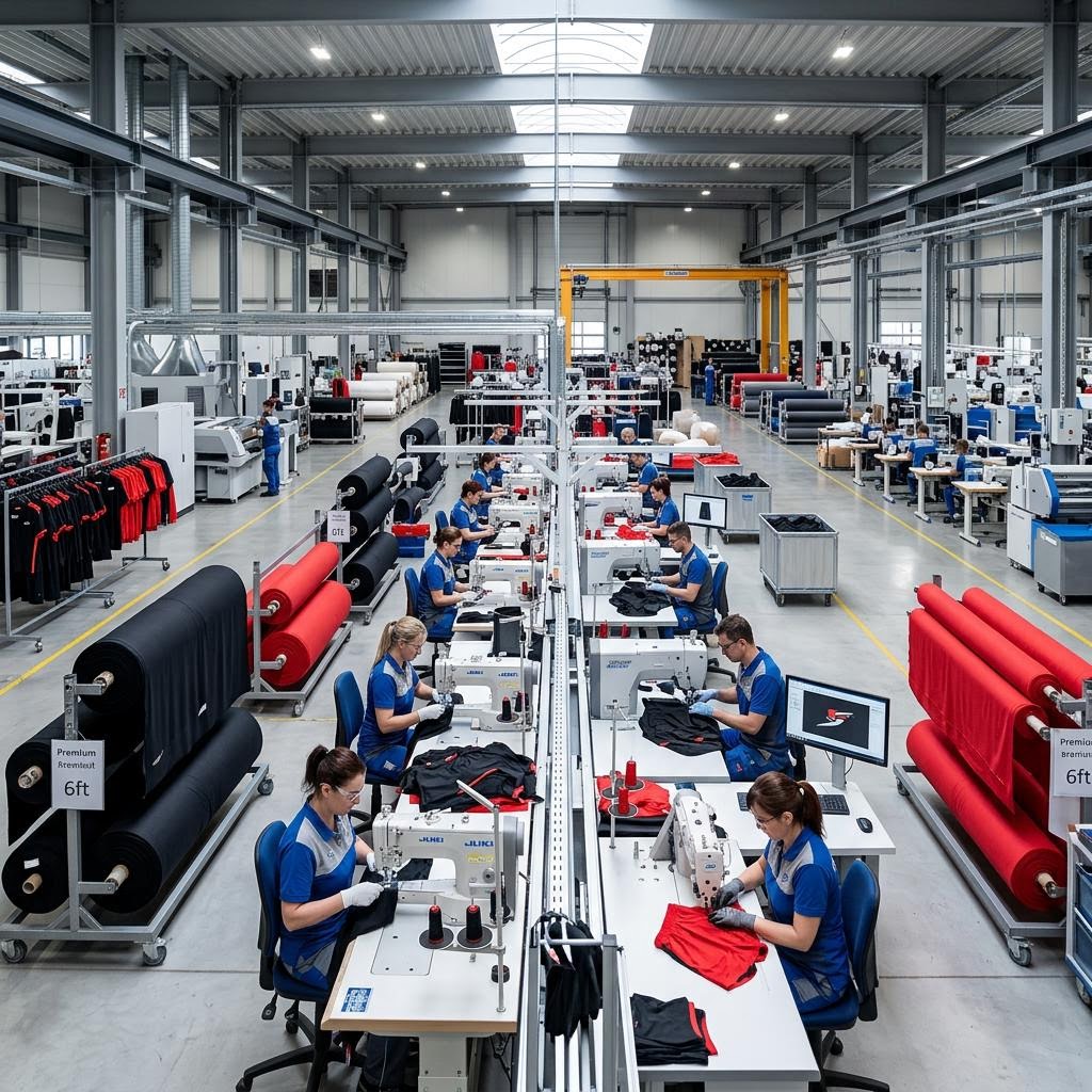 Sportswear manufacturing facility with production equipment