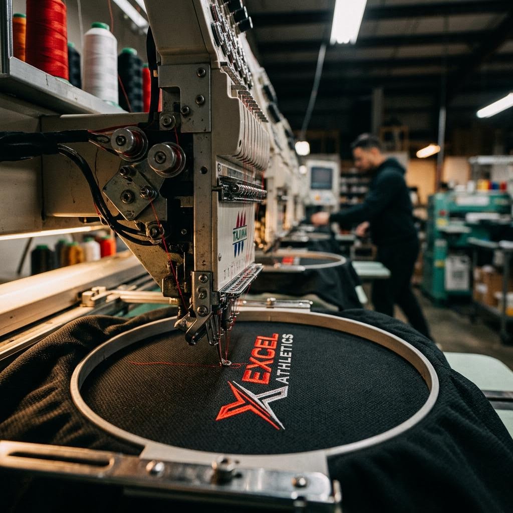 Embroidery machine in a sportswear production facility