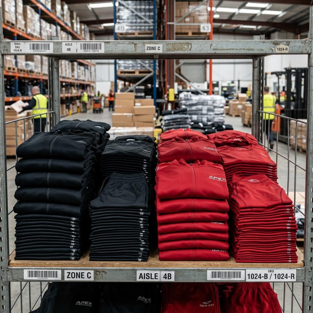 Folded sportswear garments in a warehouse